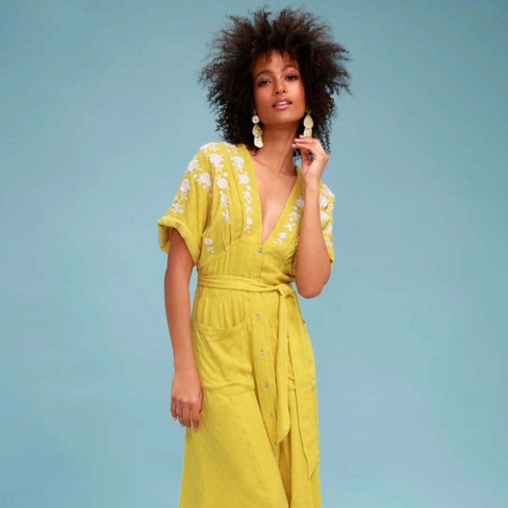 Free People Yellow Midi Dress, SMALL